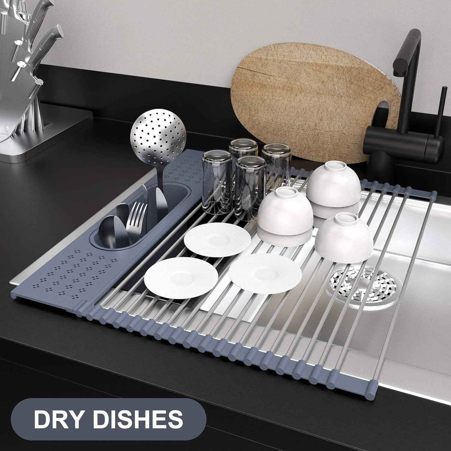 LEMIKKLE Roll Up Dish Drying Rack 17 x 15 Over The Sink Dish Drying Rack, Multi-Purpose Kitchen Rolling Dish Drainer Foldable SUS 304 Stainless Steel Dish Drying Rack