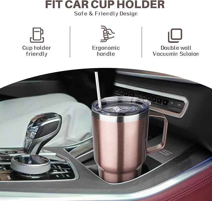 30 oz Stainless Steel Tumbler with Handle, Double Wall Vacuum Insulated Coffee Mug Tumbler with Lid and Straw, Thermal Cup for Cold and Hot (Rose Gold)