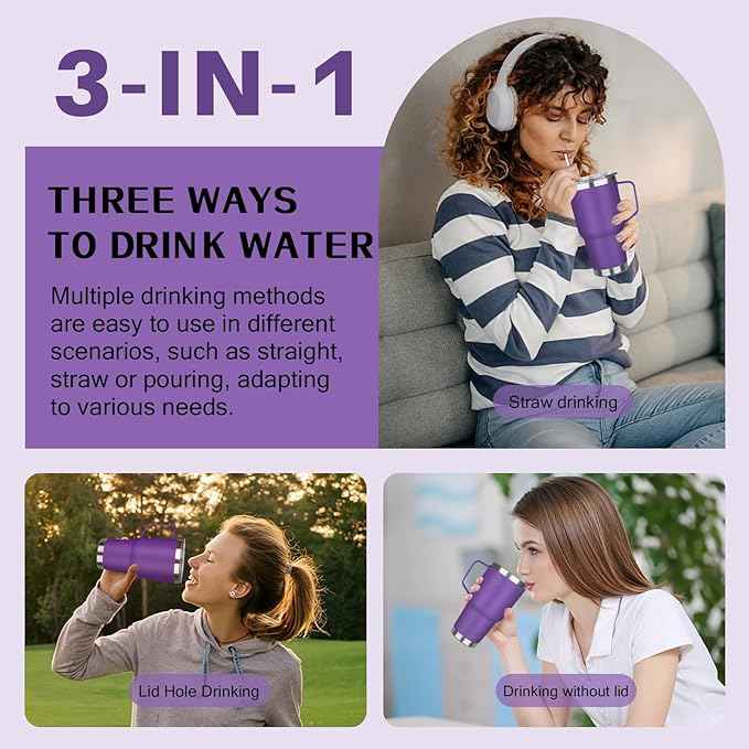 30 oz Stainless Steel Insulated Tumbler with Handle, Lid and Straw, Double Wall Vacuum Insulated Coffee Mug, Insulated Coffee Thermal Cup for Cold and Hot (Purple)