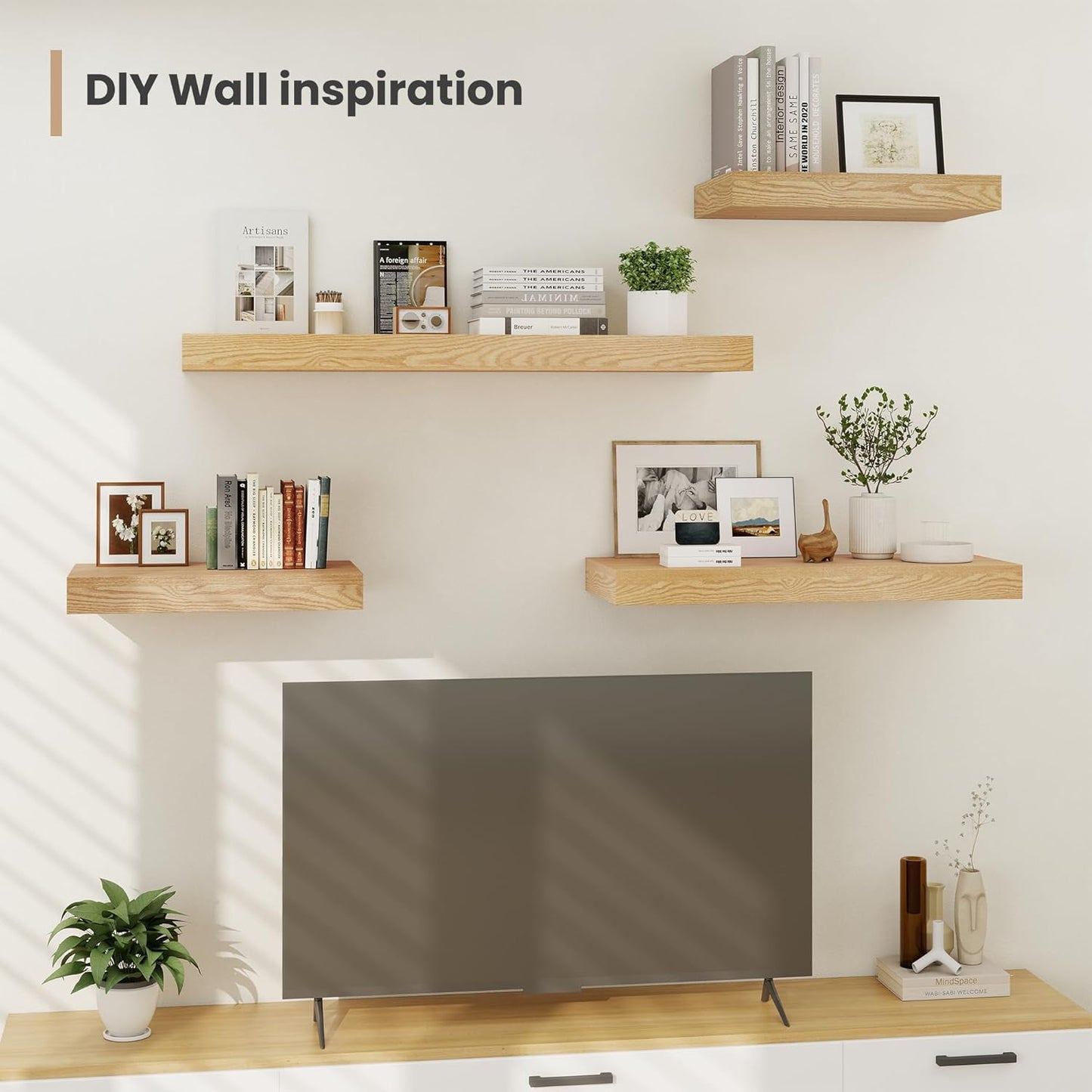 Heimlove 24 x 12 Inch Deep Floating Shelves Wall Mounted with Invisible Brackets,Storage Hanging Shelf for Wall Decor in Bathroom, Bedroom, Toilet, Kitchen, Living Room, Office Set of 2 (Oak)