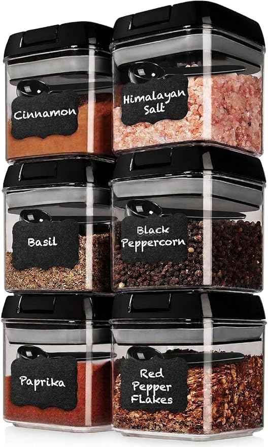 Shazo 6 PC Airtight Food Storage Containers + 6 Spoons Included - BPA Free Plastic Snack & Spice Containers with Easy Lock Lids - Kitchen and Pantry Organization for Herbs Coffee Tea - 0.5L / 2.1 Cup