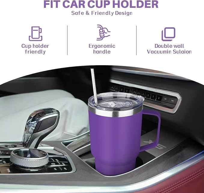 30 oz Stainless Steel Insulated Tumbler with Handle, Lid and Straw, Double Wall Vacuum Insulated Coffee Mug, Insulated Coffee Thermal Cup for Cold and Hot (Purple)