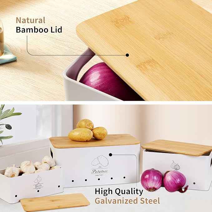 3 Pack Metal Vegetable Storage,Potato Onion Garlic Storage Set,Kitchen Canisters Vegetable Keeper,Stackable Pantry Organizers with Ventilation Holes and Bamboo Lids(WHITE)
