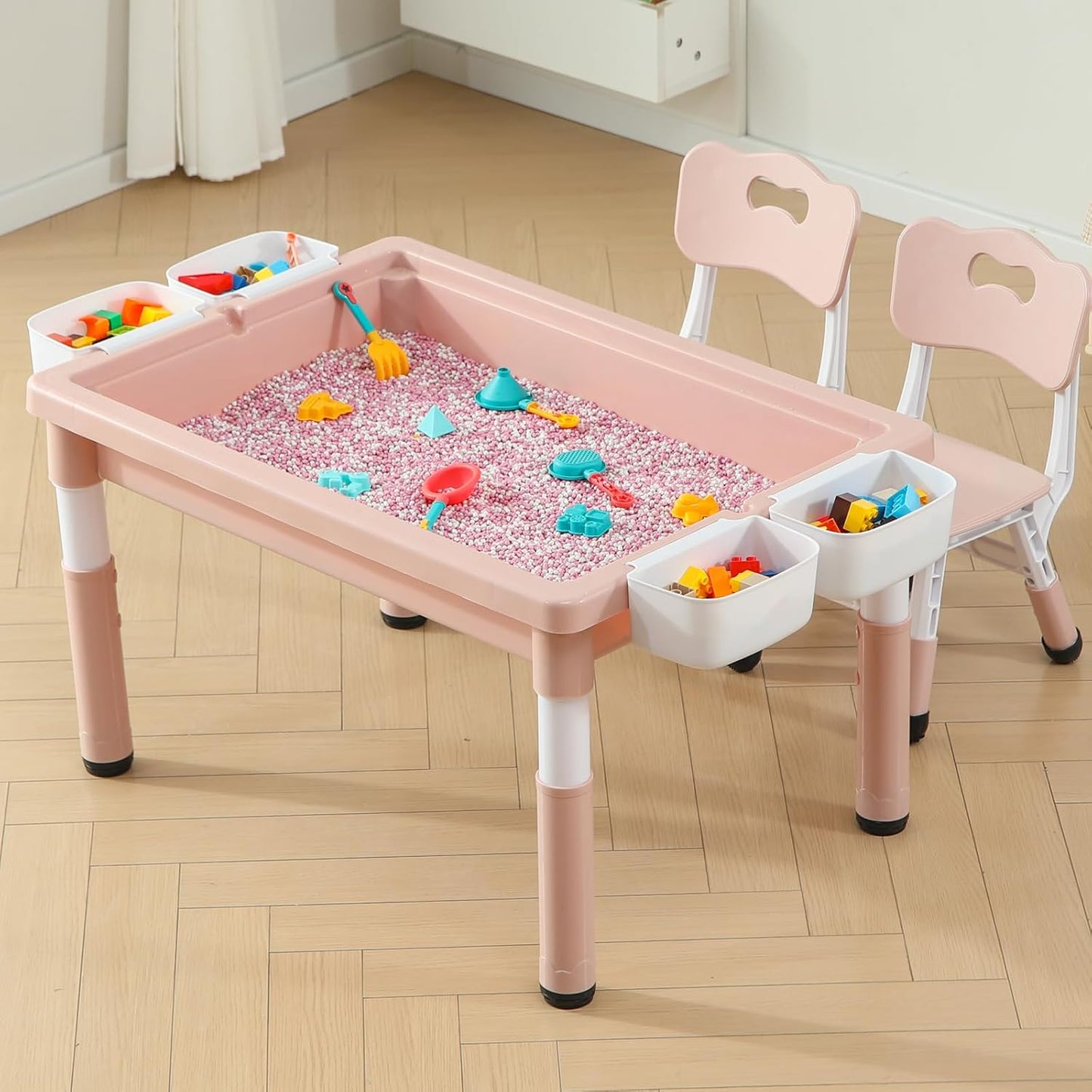 Multi Functional Kids Table and 2 Chairs Set, Graffiti & Building Blocks Double-Sided Tabletop, Toddler Play Table with Drawers, Large Storage Space, Gift for Boys/Girls, Pink