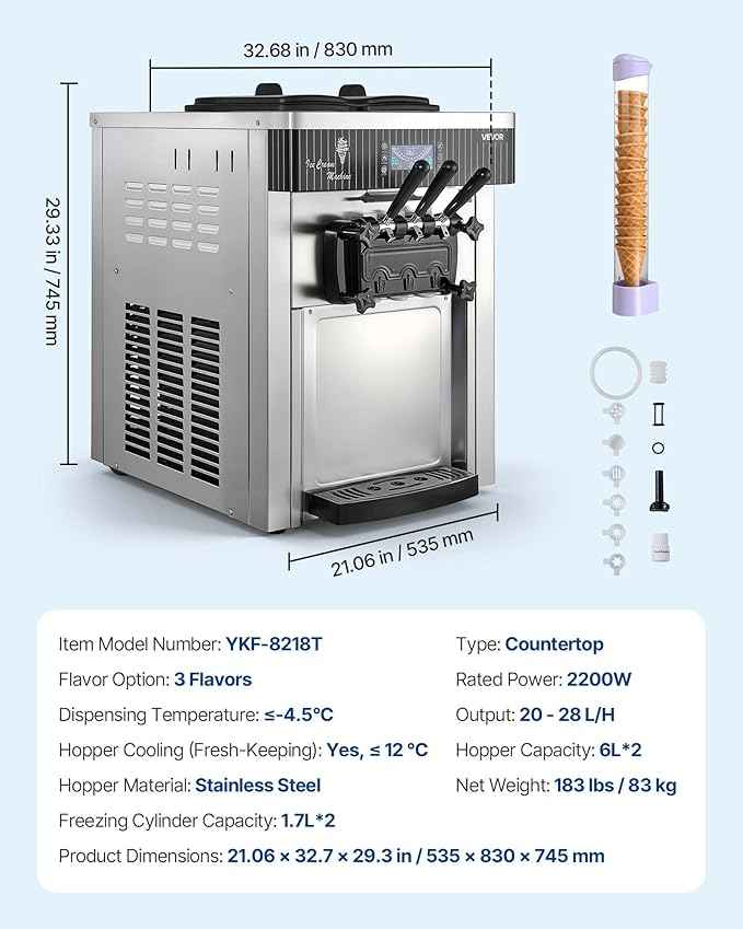 VEVOR Commercial Ice Cream Machine, 20-28L/H Yield, 2200W 3-Flavor Countertop Soft Serve Ice Cream Maker with 2 x 6L Hoppers & Hopper Agitation, Pre-Cooling Self-Cleaning for Snack Dessert Shops