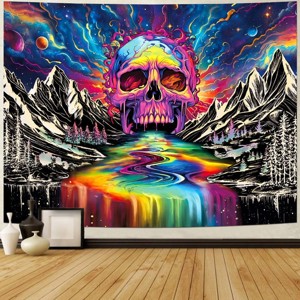 Blacklight Skull Tapestry UV Reactive Galaxy Mountain Planet Tapestries Magic Neon River Wall Hanging Aesthetic Skeleton Wall Decor Forest Trees Landscape Backdrop for Living Room