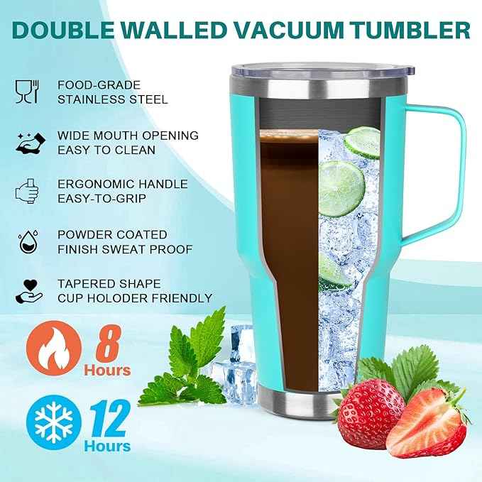 30 oz Stainless Steel Tumbler with Handle, Double Wall Vacuum Insulated Coffee Mug Tumbler with Lid and Straw, Thermal Cup for Cold and Hot (Mint Green)