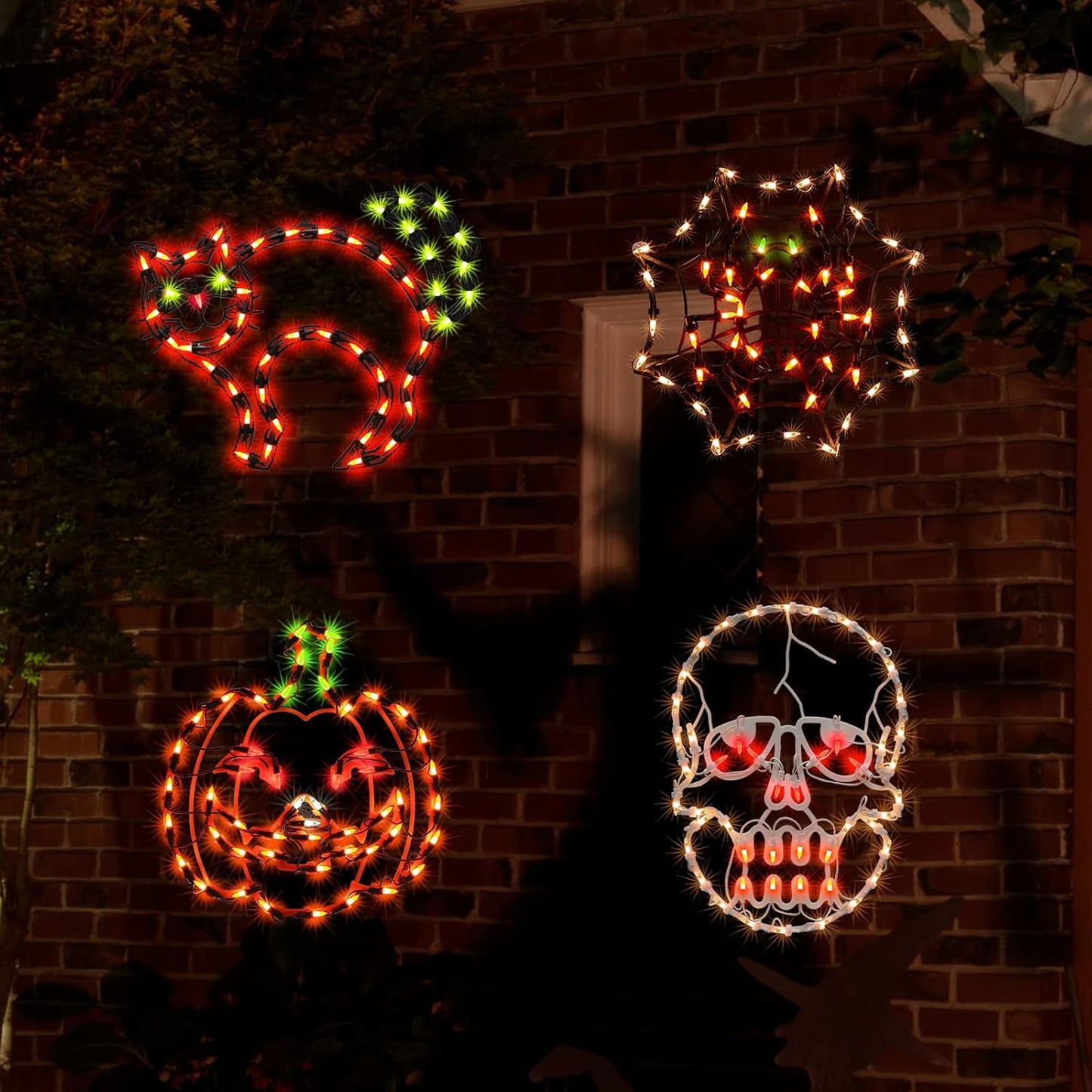 Lighted Spider, Bat, Happy Halloween Window Silhouette Decoration - Light Up Hanging Ornament