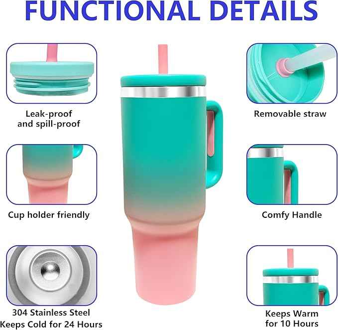 40-OZ Insulated Water Bottle,Insulated Stainless Steel Tumbler,Reusable Cold Drink Thermos,BPA-Free, Double-Wall Stainless Steel Water Bottle (Aqua Pink, 40, Fluid Ounces)