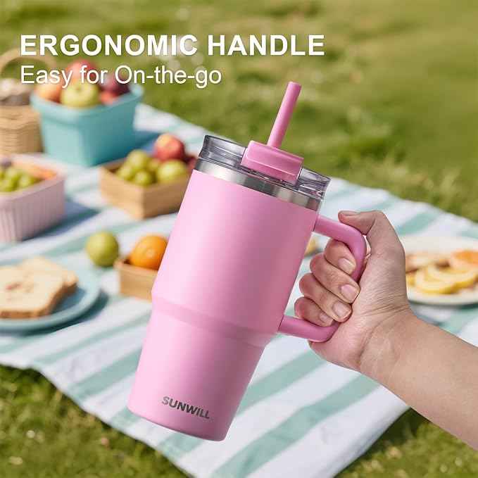 SUNWILL Travel Coffee Mug with Lid, 20 oz Tumbler with Handle and Straw Leak Proof, Stainless Steel Cup Insulated for Office & Gym, Cupholder Friendly, Powder Coated Pink