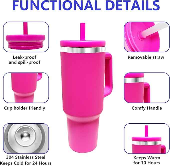 40-OZ Insulated Water Bottle,Insulated Stainless Steel Tumbler,Reusable Cold Drink Thermos,BPA-Free, Double-Wall Stainless Steel Water Bottle (Rose Red, 40, Fluid Ounces)