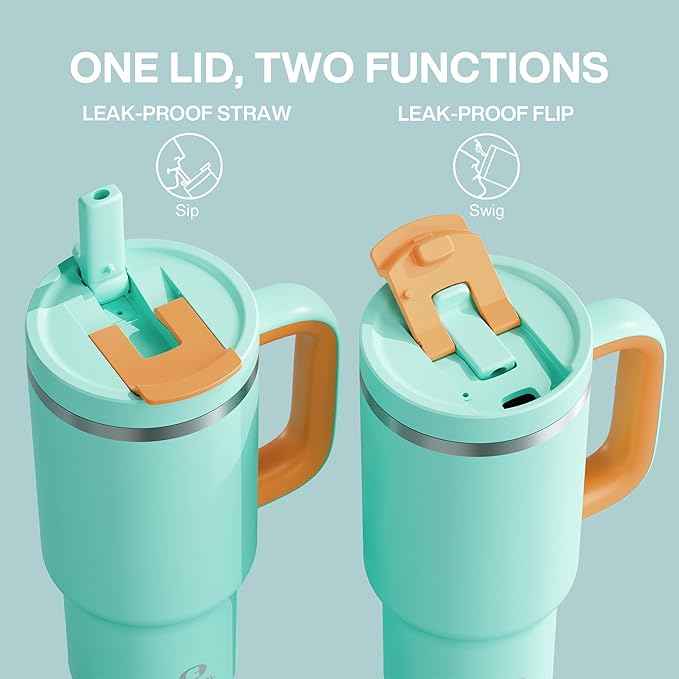 ENCOOL 32 oz Tumbler with Handle and Straw: Stainless Steel Insulated Tumbler Keeps Cold for 24 Hours, Leakproof Travel Cup Fits in Cup Holder and BPA-Free,Soft Cyan