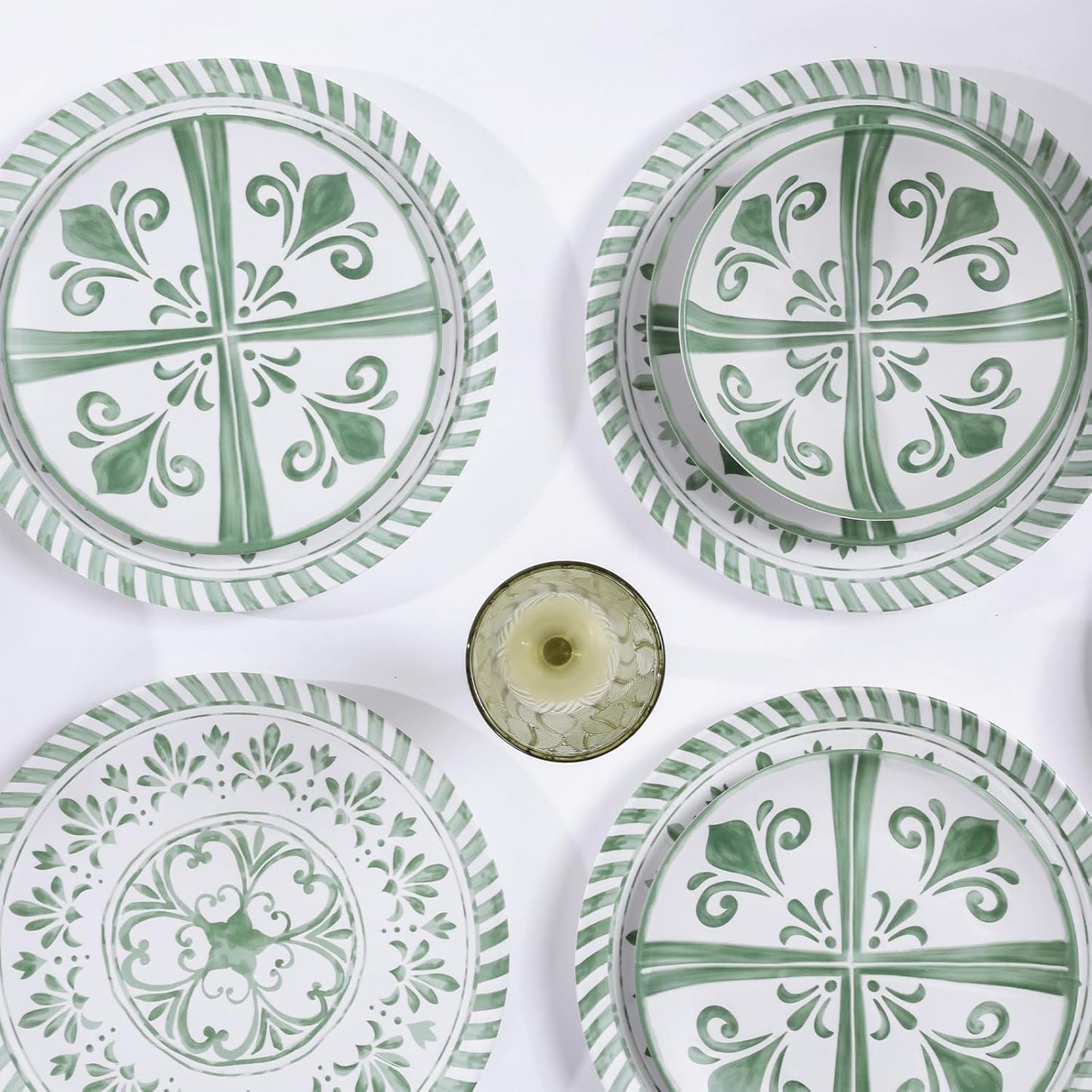 Melamine Dinnerware Sets, Dinnerware Sets for 4, 12Pcs Plates and Bowls Sets, Green Floral Embossed Design Dish Set for Indoor and Outdoor Use