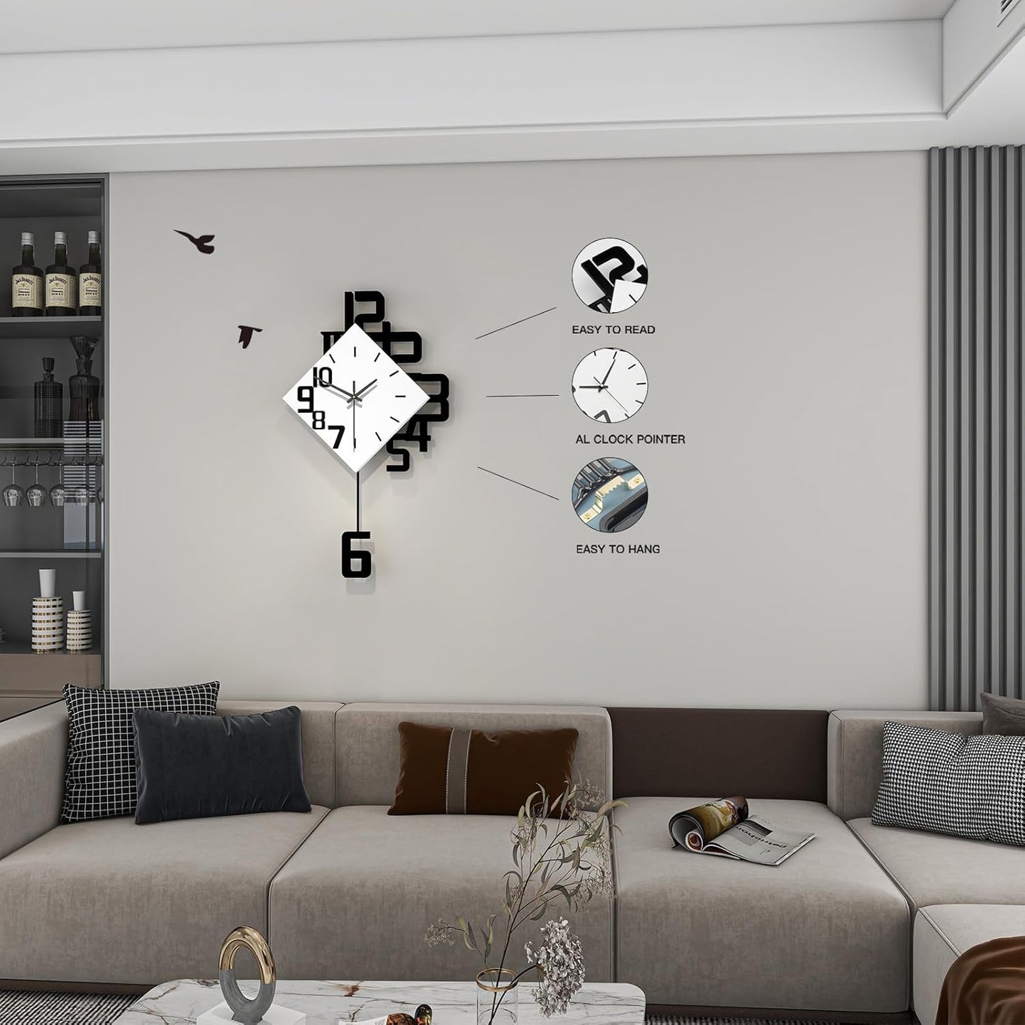 Decorative Wall Clock for Living Room Decor Large Modern Wall Clocks with Pendulum Battery Operated for Bedroom Office Kitchen Home Black Wood Silent Wall Clock Non Ticking 11.8 * 19.7"