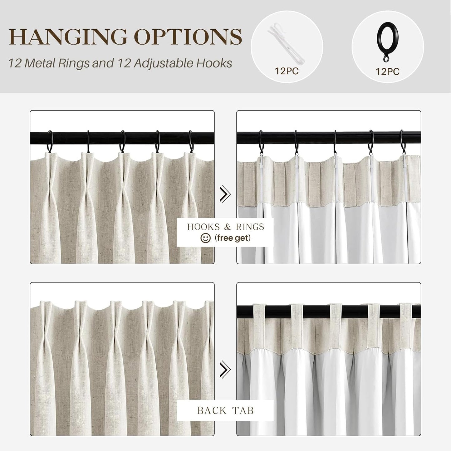 IVAPUPU Natural Linen Blend Pinch Pleated Blackout Curtains for Bedroom - 2 Panels 100% Black Out Curtains 108 Inch Long for Living Room Darkening Thermal Window Curtain Drapes with 16pc Hooks