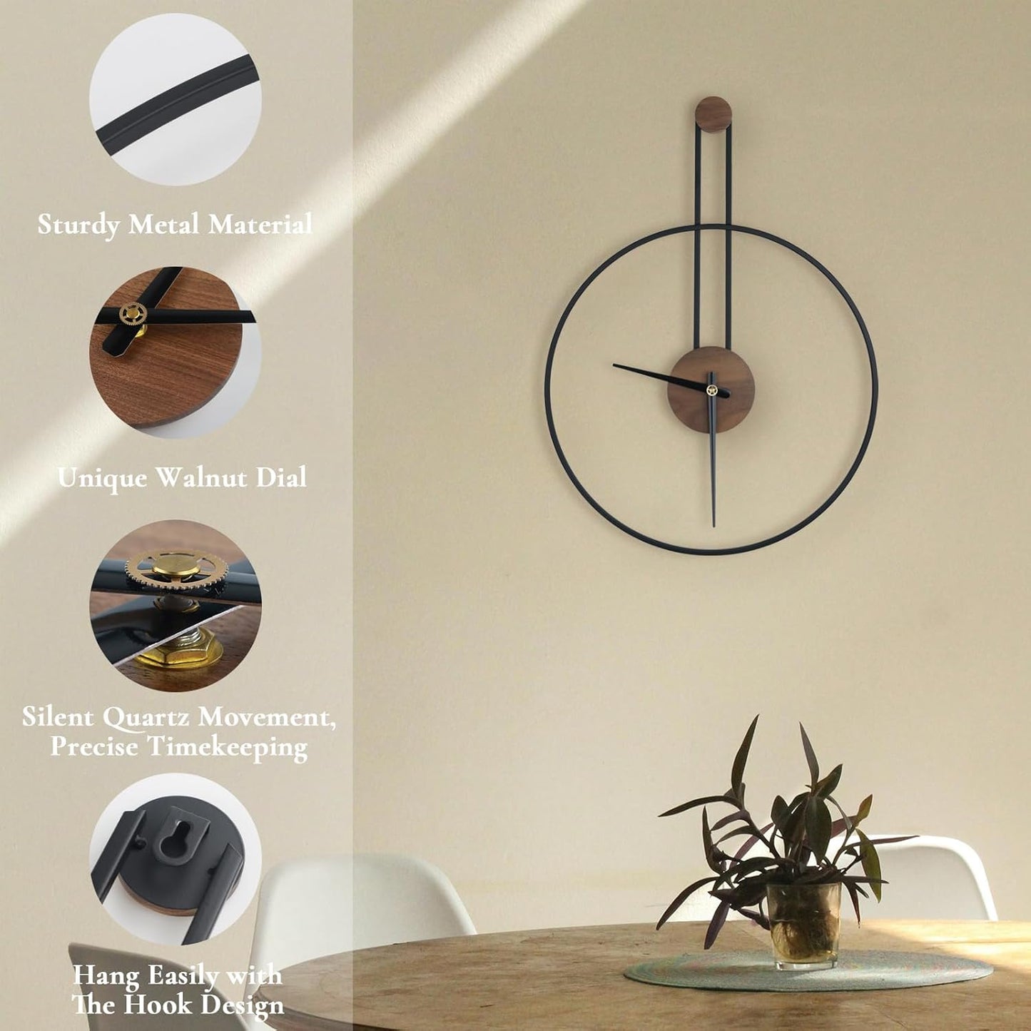DRELIFAM Modern Wall Clock Large Wall Clocks with Walnut Dial Silent Non-Ticking for Living Room Home Decor Bedroom Kitchen Office 17.8''× 24.4'' (Black, Medium)