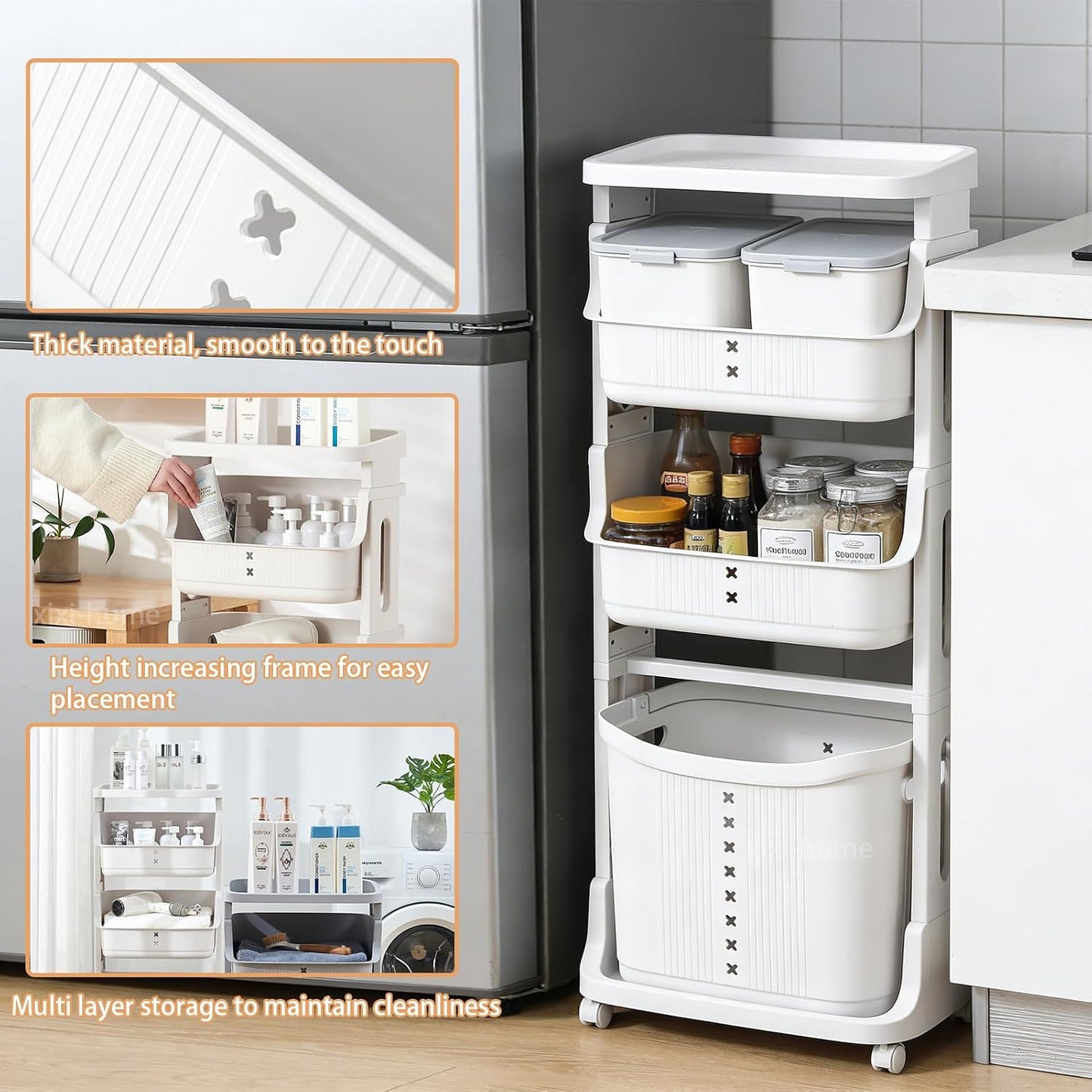 xixi-home 3-Tier Laundry Basket Organizer,Vertical Laundry Hamper Sorter with Wheels,Rolling Laundry Cart Dirty Clothes Hamper Removable Storage Basket for Dorm,Closet,Bathroom,Kitchen-White