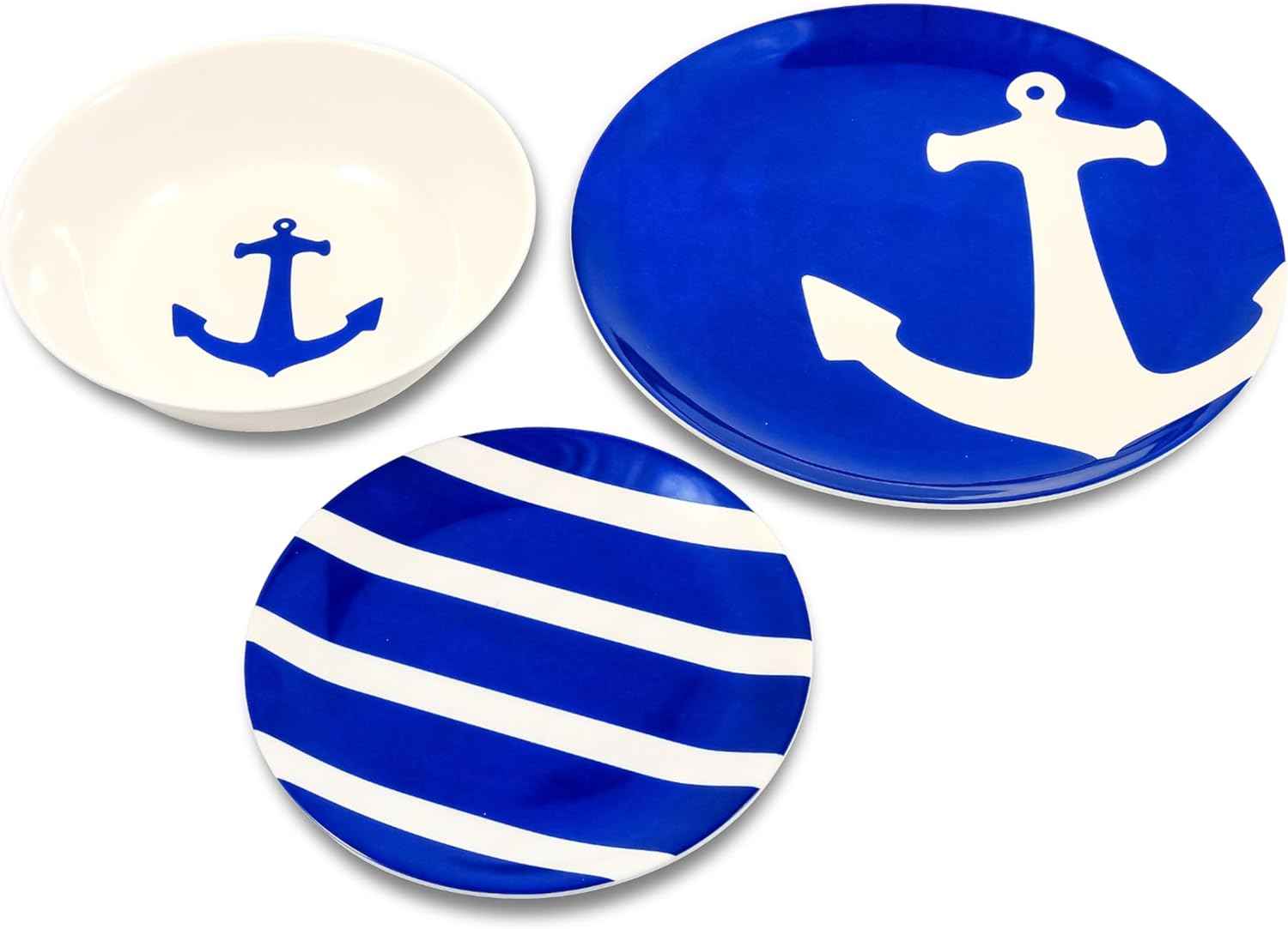 Camco 12 Piece Melamine Dishware Set - Features Blue and White Nautical Design - Includes 4 Bowls, 4 Salad Plates, & $ Dinner Plates - Dishwasher Safe Dish Set (41951)
