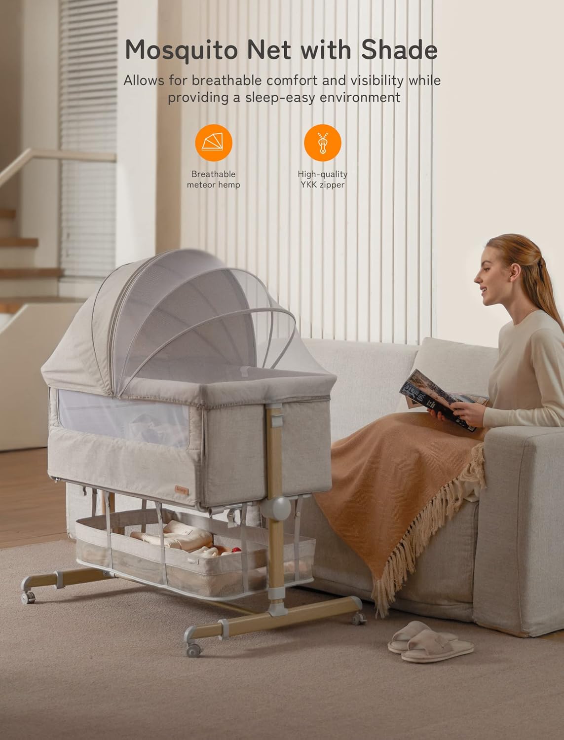 Baby Bassinet Bedside Sleeper, besrey Bedside Bassinet for Newborn Infant with Comfy Mattress, 9 Height Positions, Adjustable Bedside Crib with 360° Swivel Wheels Bassinet for Baby with Storage Basket