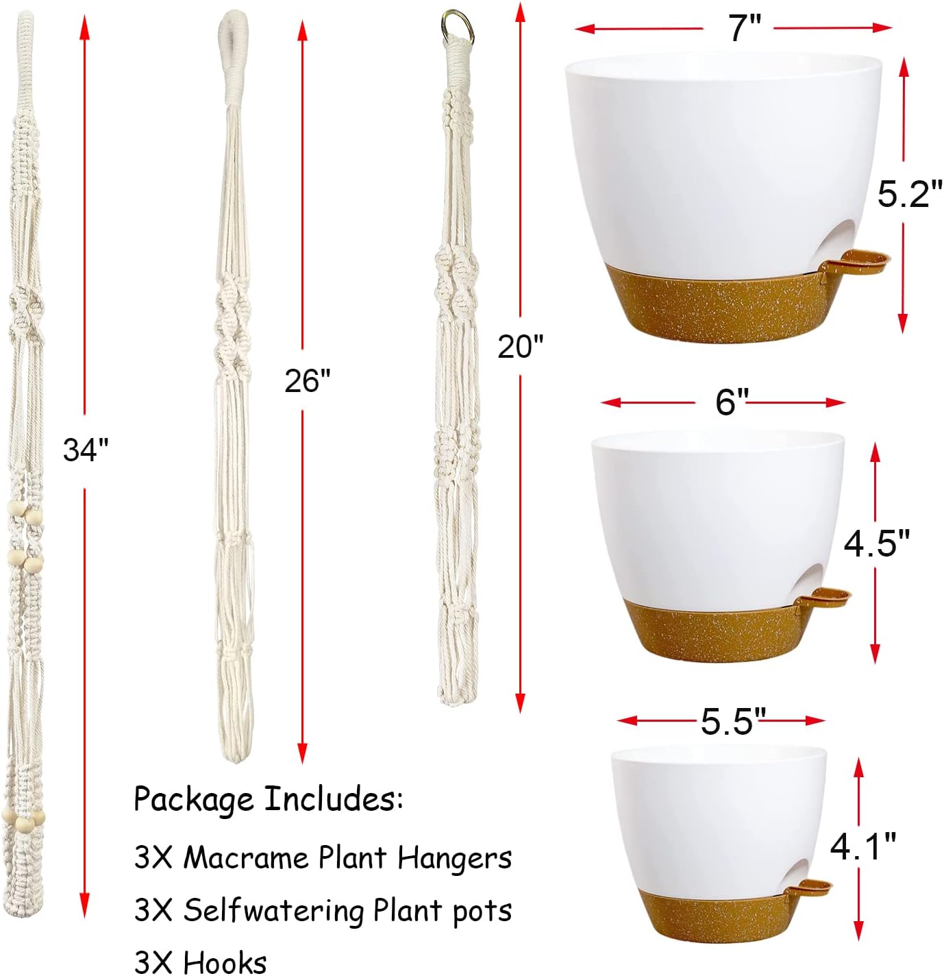 Bouqlife 3 Sets Hanging Planters for Indoor Plants with Self-Watering Hanging Pots and Macrame Plant Hangers, Outdoor Hanging Flower Pots with Drainage 3 Different Size for Home Patio Boho Decor