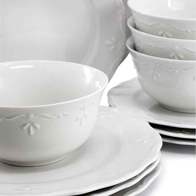 Elama Henryi 18 Piece Embossed Rim Detail Porcelain White Dinnerware Set, Tableware Set, Serveware (18 Piece)
