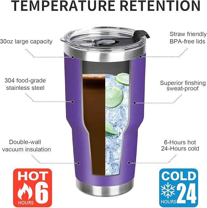 30 oz Tumbler with Lids and Straws Double Wall Vacuum Insulated Tumbler Cup,Stainless Steel Leak-proof Thermal Tumbler Powder Coated Travel Coffee Mug for Cold and Hot Drinks,Dark Purple