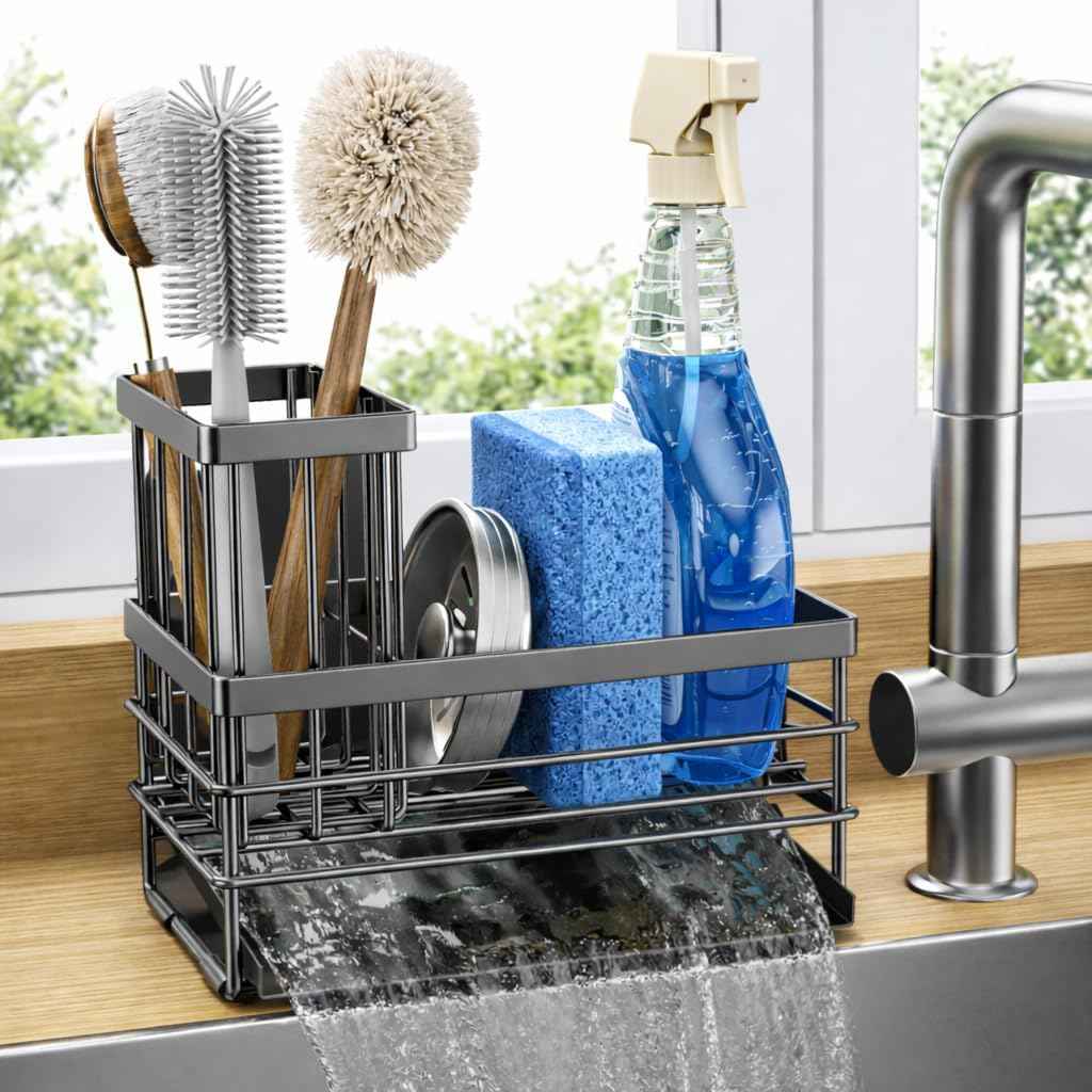 Cisily Sink Caddy Sponge Holder for Kitchen with Brush Holder and Stainless Steel Self Drain Tray, Rustproof Kitchen Sink Organizer for Sponge, Soap Dispenser Storage Accessories (Gray)