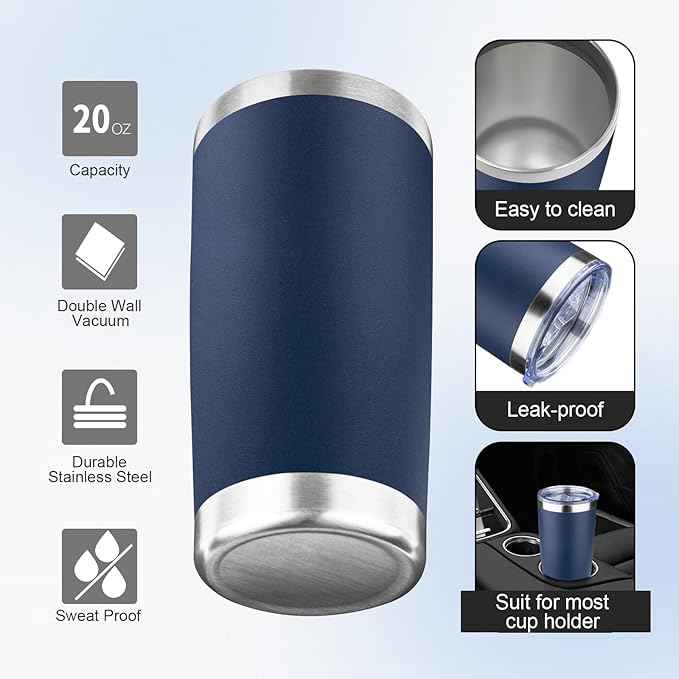 20oz Tumbler with Lid and Straw Double Wall Powder Coated Vacuum Insulated Coffee Tumbler Stainless Steel Insulated Travel Coffee Mug Spill-Proof Thermal Cup for Hot and Cold Beverage,Navy Blue