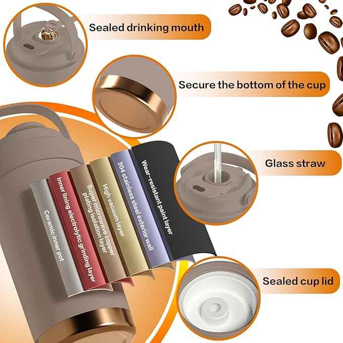 26oz Ceramic Coated Water Bottle, 3-Way Drinking (Straw/Sip/Wide Mouth), 6H Hot & Cold Insulated Water Bottle Leakproof Travel Cup with Handle - Cofffee Brown
