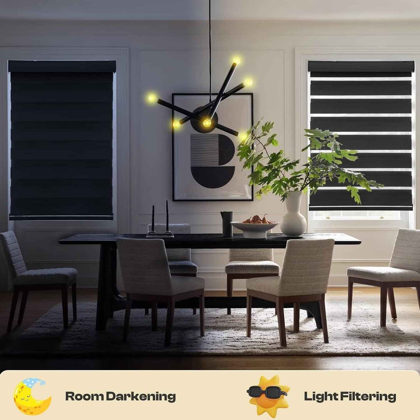 MYshade Roller Shades Zebra Blinds for Indoor Windows Cordless Day and Night Light Filtering Dual Layer Roller Window Blinds & Shades, Easy to Install, Size 22" W x 72" H, Black