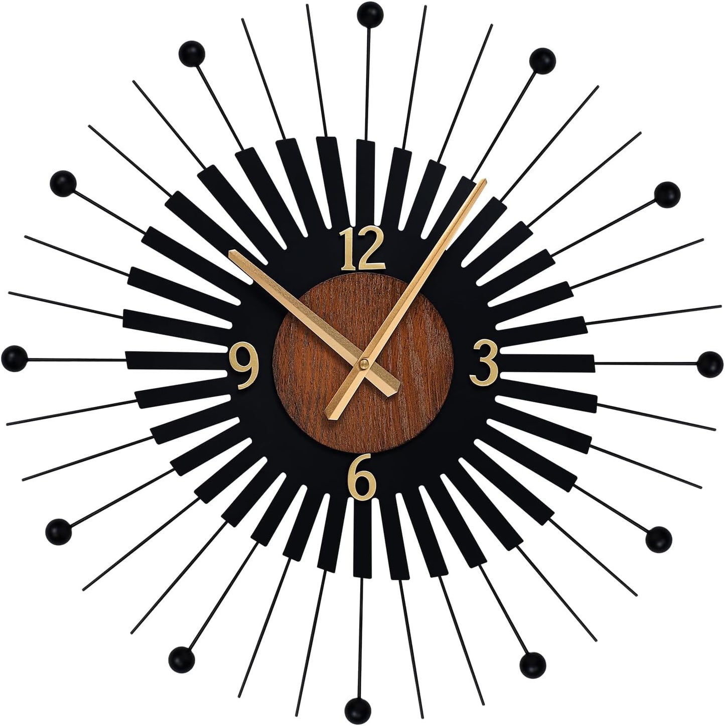 22 Inch Modern Sunburst Wall Clock Battery Operated, Black Metal Radiating Design with Walnut Wood Center, Silent Quartz Movement, Gold Hands – Decorative Clocks for Living Room, Office, Bedroom
