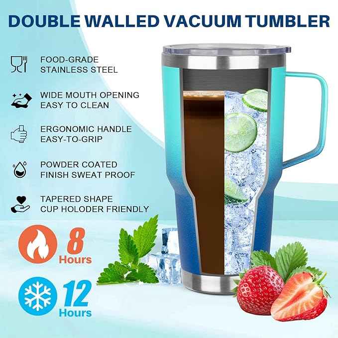 30 oz Stainless Steel Tumbler with Handle, Double Wall Vacuum Insulated Coffee Mug with Lid and Straw, Thermal Cup for Cold and Hot (Light Dark Blue)