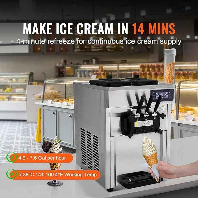 Happybuy Commercial Ice Cream Machine, 1850W, 18-28 L/H Yield, 3-Flavor Countertop Soft Serve Maker, 2 x 5.5L Stainless Steel Cylinder, LED Panel, Auto Clean & Pre-cooling, for Restaurant Bars