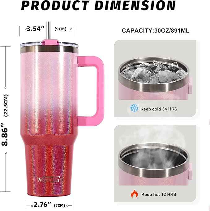 30 oz Shiny Tumbler with Handle and Straw,Stainless Steel Tumbler with Lid and Straw,Insulated Travel Mug(Cold for 34 Hours),Water Bottle for Iced Tea,Coffee (Red)
