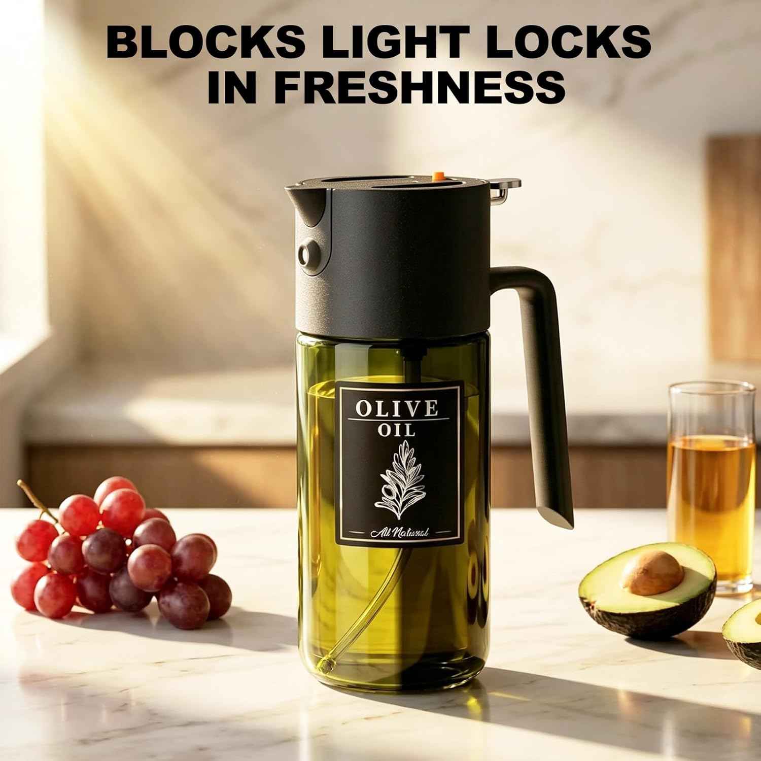 2-IN-1 500ml/17oz Light-Blocking Dark Oil Sprayer for Cooking with Sticker, Dark Green Glass Olive Oil Dispenser Bottle for Kitchen, Even Spray with Portion Control, Perfect for Air Fryer, BBQ - Black