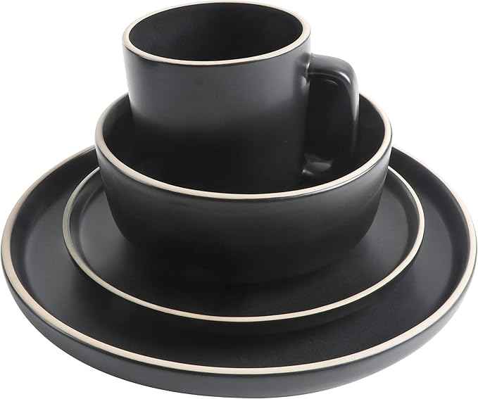 Gibson Home Zuma 16 Piece Round Kitchen Dinnerware Set, Dishes, Plates, Bowls, Mugs, Service for 4, Matte Stoneware, Black