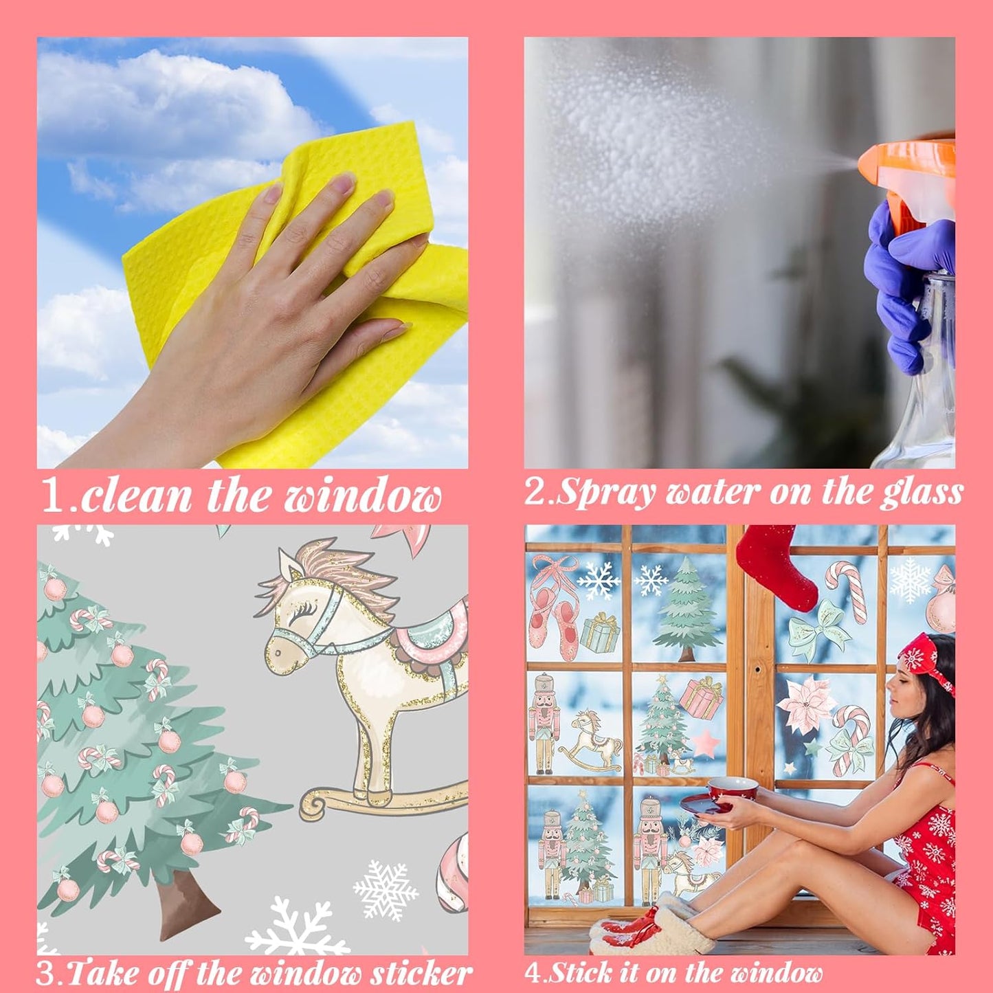 Pink Christmas Window Clings,Merry Christmas Supplies 9 Sheets Christmas Window Stickers Removable Christmas Decor for Glass Windows Winter Xmas Holiday