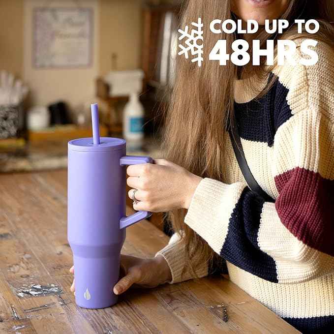 Elemental 40 oz Tumbler with Handle and Straw - Spill Proof Insulated Stainless Steel Commuter for Cold Beverages - Travel Coffee Mug with 2 Straws & Spill Proof Lid - 40oz - Lavender