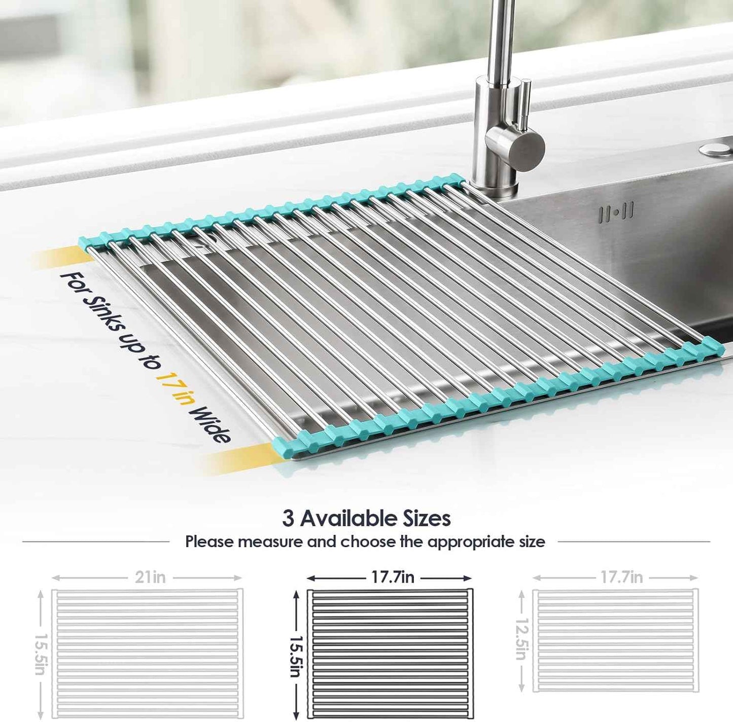 Tomorotec 17.7" x 15.5" Roll Up Dish Drying Rack Over Sink Drying Rack Sink Cover Kitchen Sink Accessories Gadget Multipurpose Organizer Foldable Stainless Steel Drainer