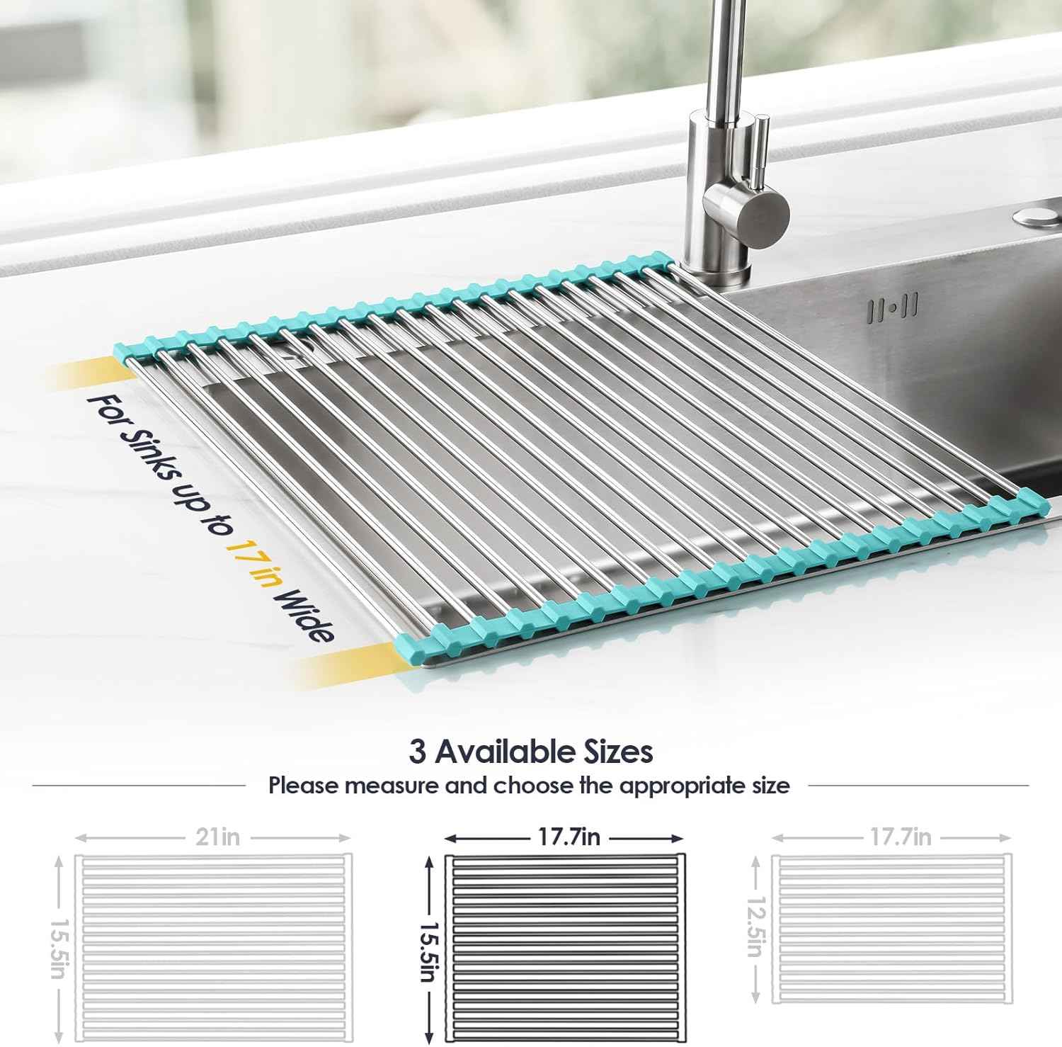 Tomorotec 17.7" x 15.5" Roll Up Dish Drying Rack Over Sink Drying Rack Sink Cover Kitchen Sink Accessories Gadget Multipurpose Organizer Foldable Stainless Steel Drainer