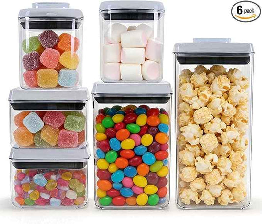 6 Pcs POP Container Set, Airtight Food Storage with Lids, Push Button Seal BPA-Free Set for Pantry, 0.65QT/0.7QT/1.8QT/2.4QT for Bulk Dry Food, Cereal, Flour, Sugar, RV Kitchen Storage