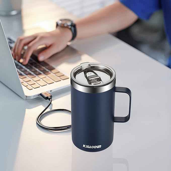 KXIAOCHEN 20oz Insulated Coffee Mug with Lid, Stainless Steel Coffee Cup, Double Wall Vacuum Coffee Tumbler with Handle, Premium Thermal Travel Coffee Mug (Navy blue 2Pack)