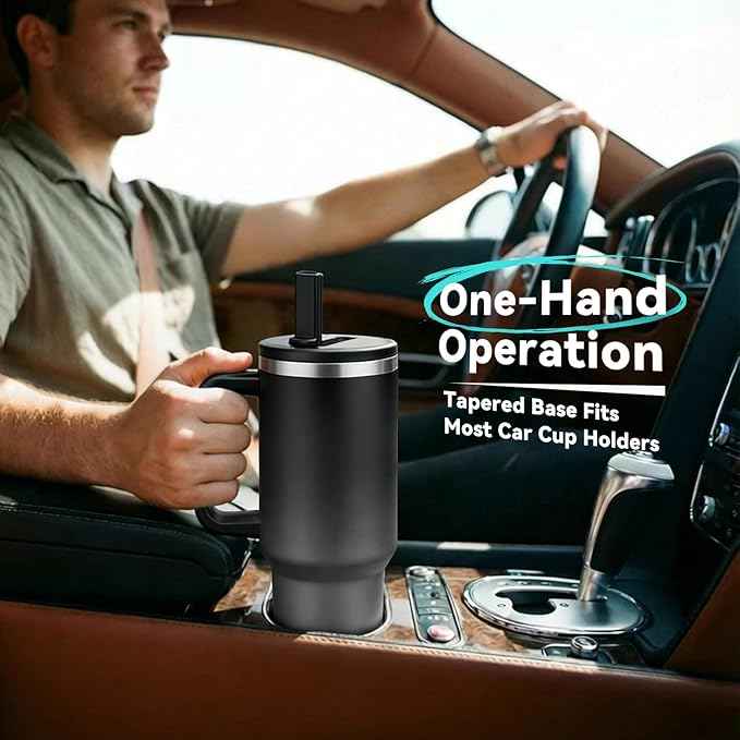 BENZZO 40 oz Insulated Tumblers with Handle - Flip Straw, Leak Proof Water Bottles 40oz Fits in Cup Holder