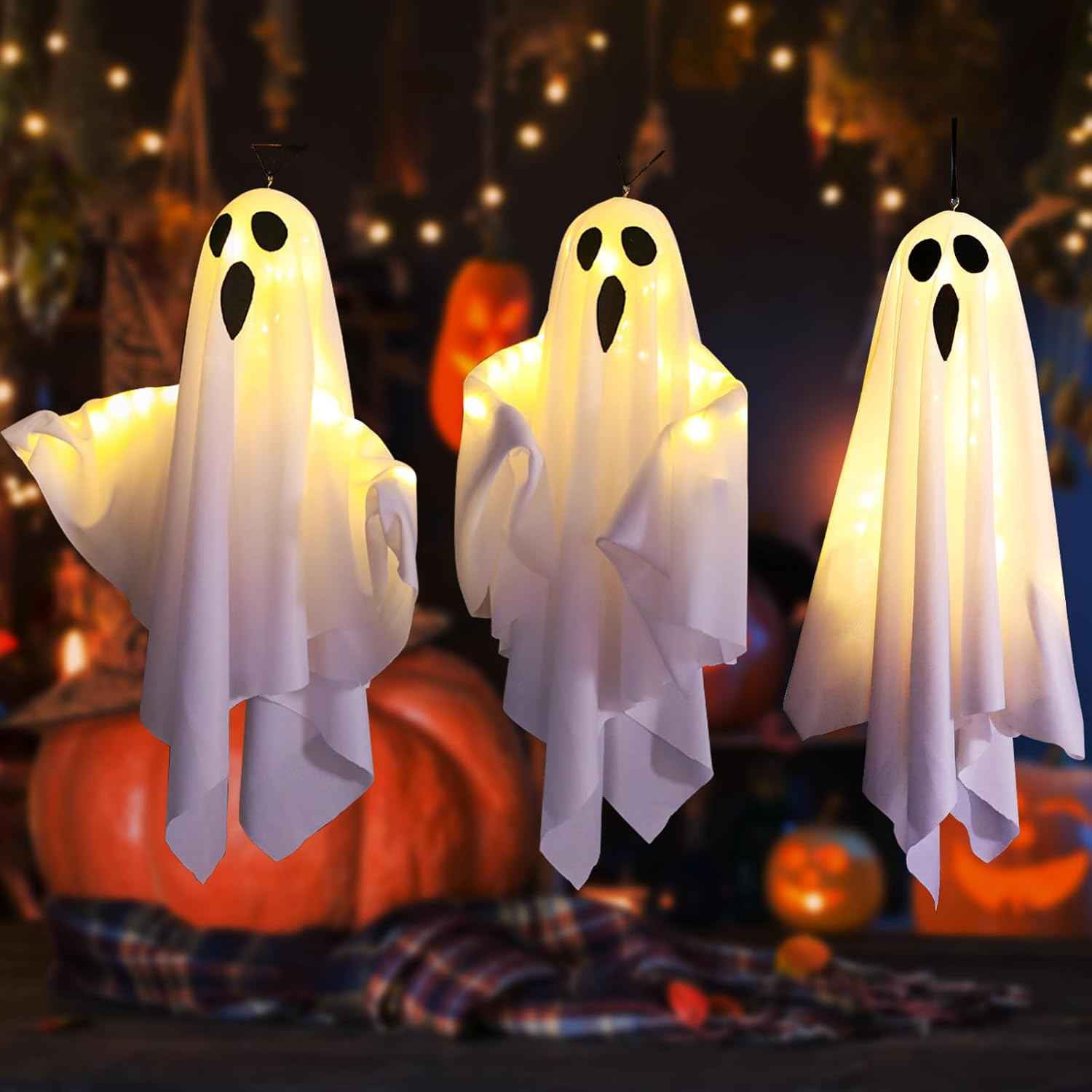 3Packs Halloween Light Up Hanging Ghost Halloween Ghost Decorations with LED Light Spooky Ghost Ornaments for Home Tree Garden Yard Party Décor and Holiday Decorations(White)