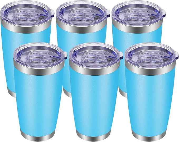 VEGOND 20oz Tumbler with Lid and Straw Stainless Steel Tumbler Cup Bulk Vacuum Insulated Double Wall Travel Coffee Mug Powder Coated Coffee Cup, Sky Blue, 6 Pack