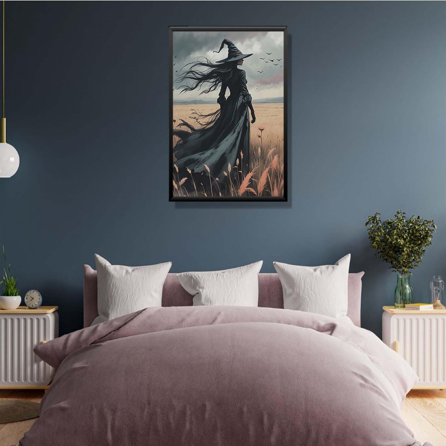 JFHCQJPK Gothic Decor Canvas Wall Art Witch in Rice Field Halloween Art Decor Print Nature Print Victorian Home Bedroom16x24in Metal blackFramed