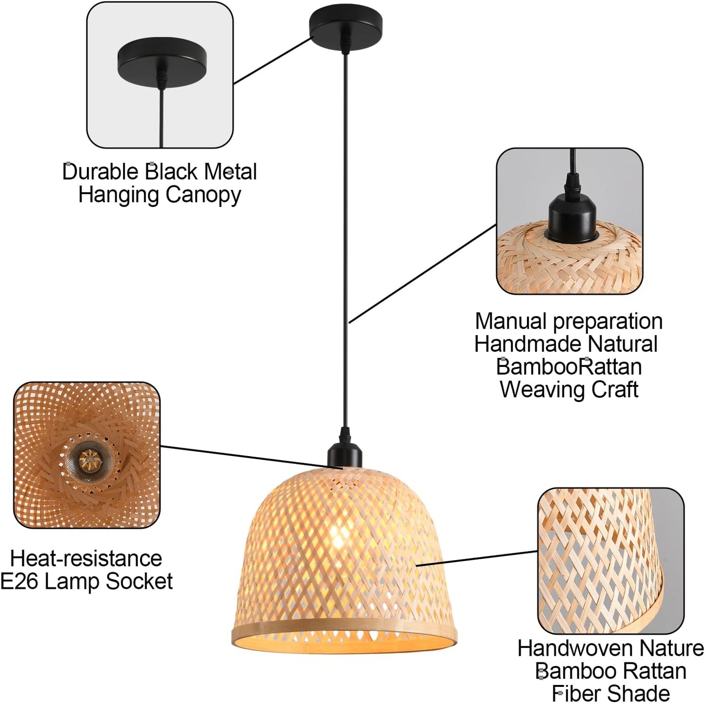 Bamboo Pendant Light 11.02" Hand Woven Bamboo Chandelier,3-Pack Rattan Ceiling Hanging Light,for Living Room Kitchen Dining Room Farmhouse