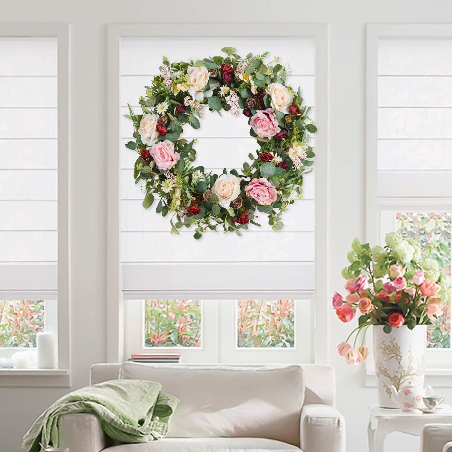 WANNA-CUL 24 Inch Large Spring Rose Wreaths for Front Door,Spring Front Door Wreath with Pink and Wine Red Floral Door Wreath with Eucalyptus Leaves for Wedding or Indoor&Outdoor Decorations