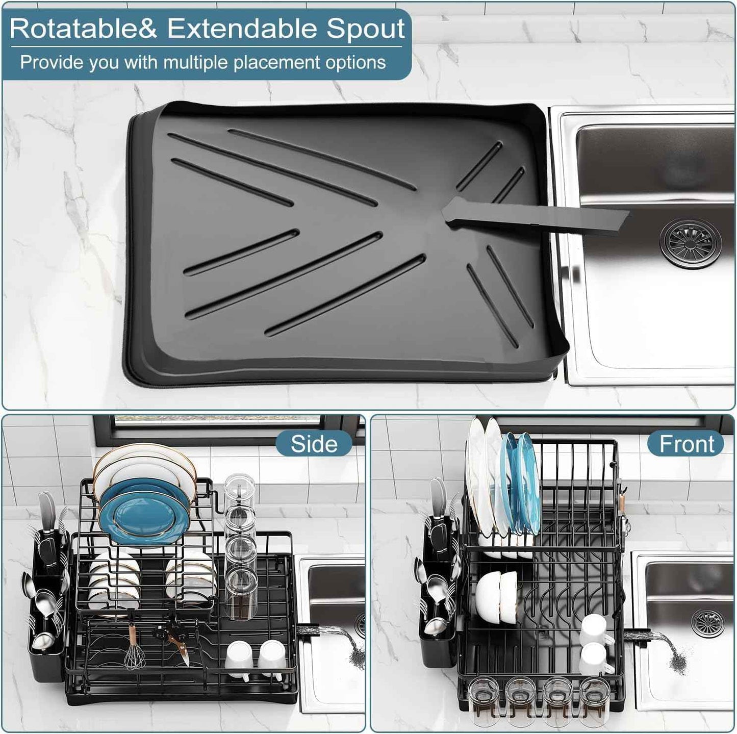 Dish Drying Rack, 2 Tier Dish Racks for Kitchen Counter, Large Stainless Steel Kitchen Dish Drying Rack with Drainboard, Detachable Dish Drainers with Utensil Holders