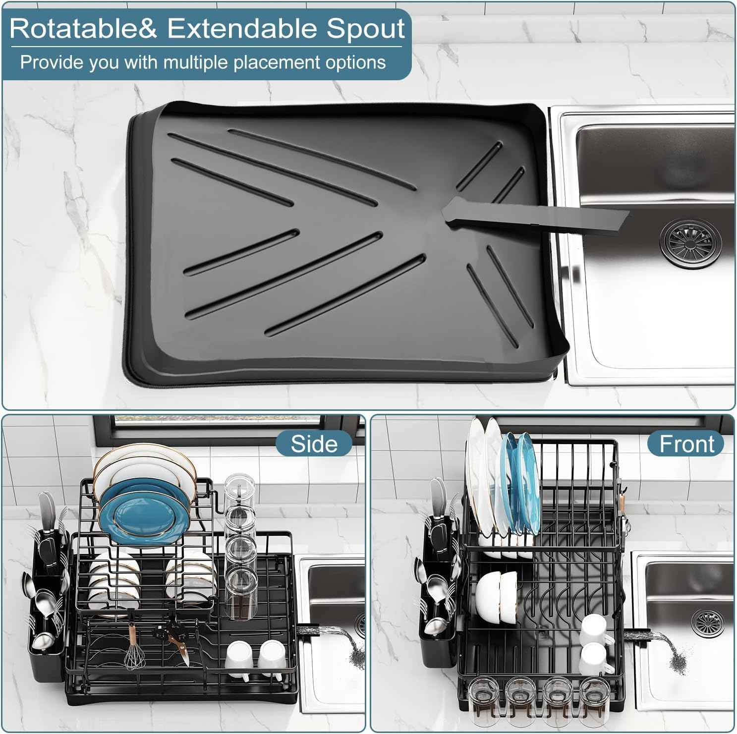 Dish Drying Rack, 2 Tier Dish Racks for Kitchen Counter, Large Stainless Steel Kitchen Dish Drying Rack with Drainboard, Detachable Dish Drainers with Utensil Holders